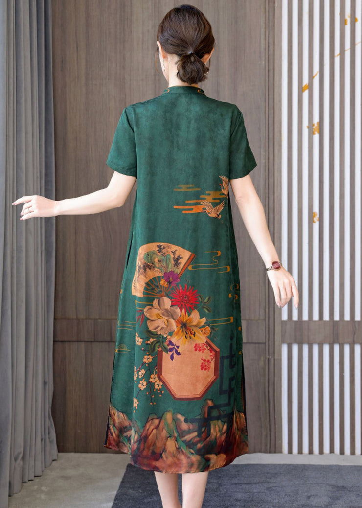 Green 2024 Silk Cheongsam Dress Stand Collar Side Open Short Sleeve