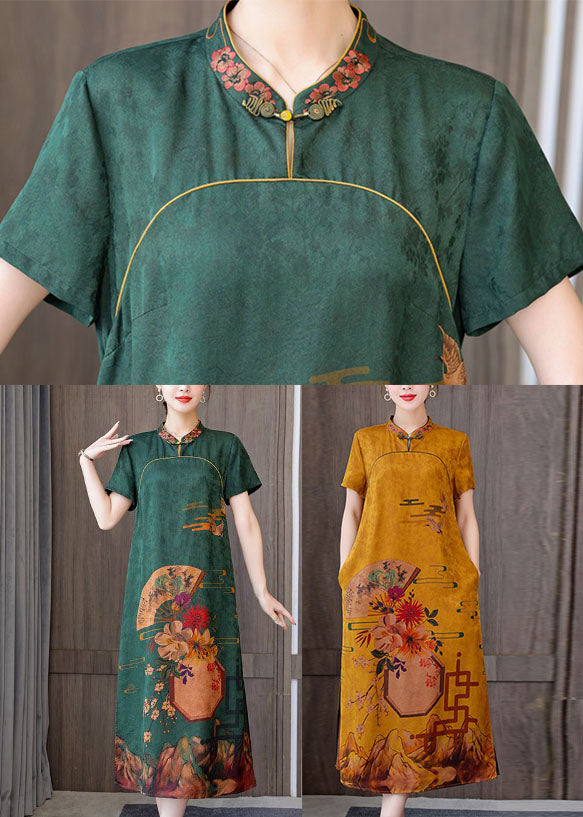 Green 2024 Silk Cheongsam Dress Stand Collar Side Open Short Sleeve