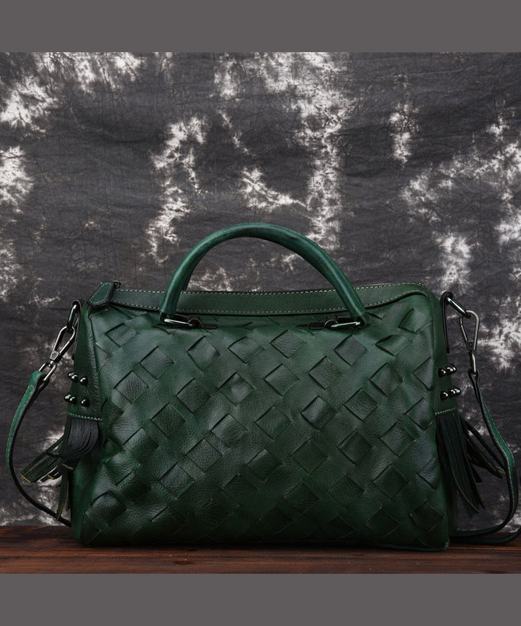 Green weave Paitings Calf Leather Satchel Handbag