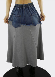 Grey A Line Skirts Denim Patchwork Button Spring