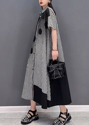 Grey Dot Print Patchwork Long Dress Loose wrinkled Short Sleeve