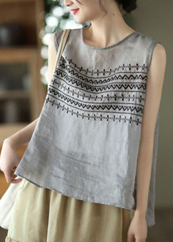 Grey Linen Tank Tops Button Embroideried Sleeveless