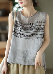 Grey Linen Tank Tops Button Embroideried Sleeveless