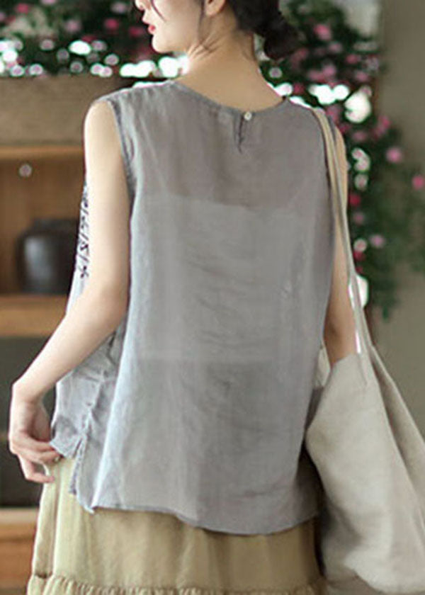 Grey Linen Tank Tops Button Embroideried Sleeveless