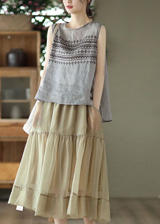 Grey Linen Tank Tops Button Embroideried Sleeveless