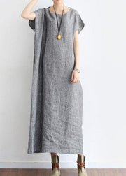 Grey O Neck Summer Cotton Hemp Dress - SooLinen