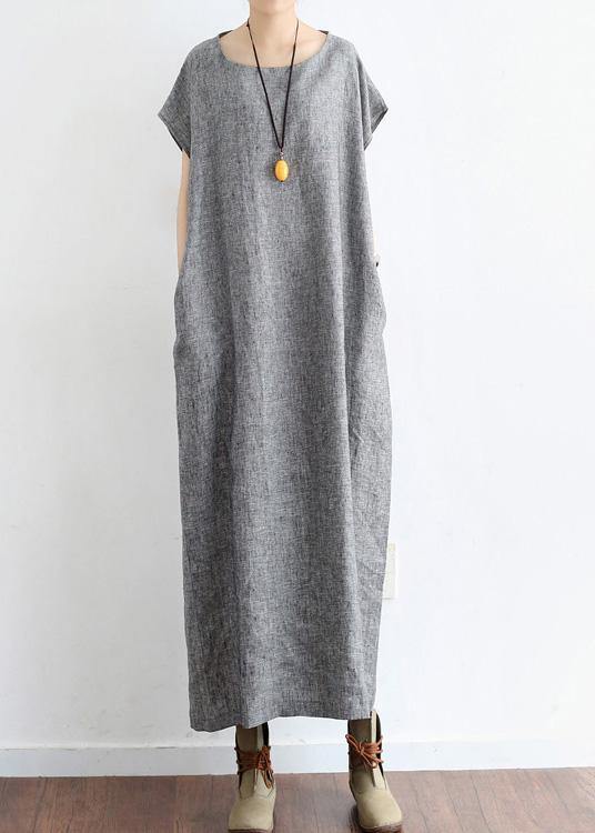 Grey O Neck Summer Cotton Hemp Dress - SooLinen