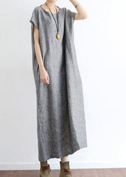 Grey O Neck Summer Cotton Hemp Dress - SooLinen