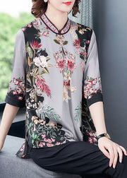 Grey Print Silk Women's Top Stand Collar Half Sleeve