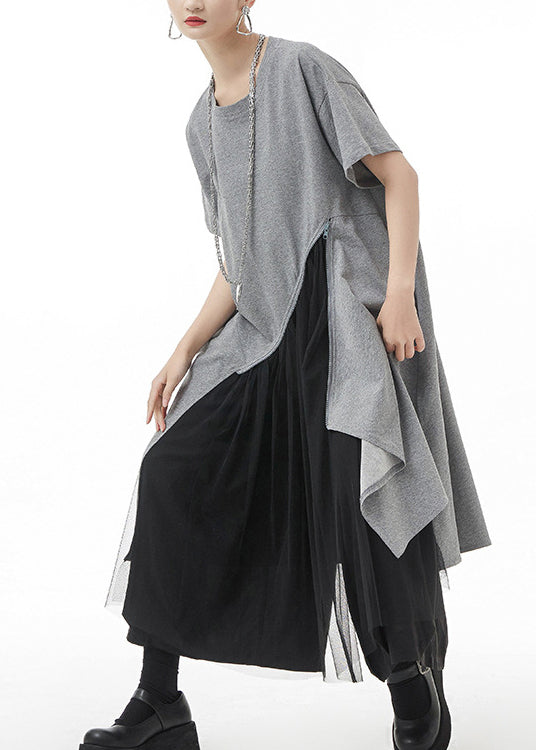 Grey Tulle Patchwork Holiday Dresses Zip Up Short Sleeve