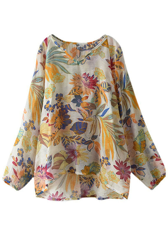 Handmade Apricot V Neck Casual Floral Fall Blouse Long sleeve