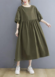 Handmade Army Green Cinched O Neck Vacation Dresses Puff Sleeve - SooLinen