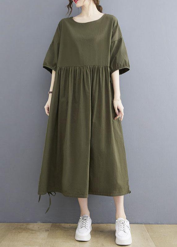 Handmade Army Green Cinched O Neck Vacation Dresses Puff Sleeve - SooLinen