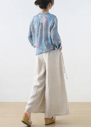 Handmade Beige Elastic Waist Wide Leg Linen Pants - SooLinen