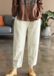 Handmade Beige elastic waist Pockets Pants Spring