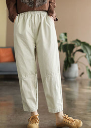 Handmade Beige elastic waist Pockets Pants Spring