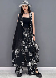 Handmade Black Asymmetrical Tulle Patchwork Print Chiffon Two Piece Suit Set Summer