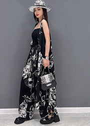 Handmade Black Asymmetrical Tulle Patchwork Print Chiffon Two Piece Suit Set Summer