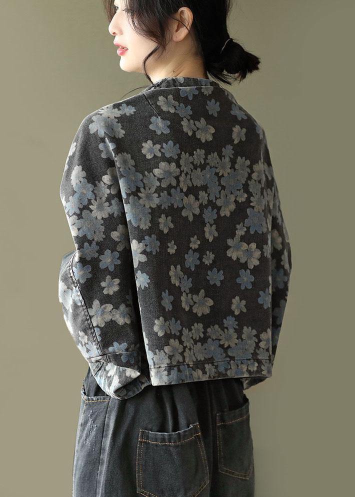 Handmade Black Floral Pockets Denim Long sleeve Short Coats - SooLinen