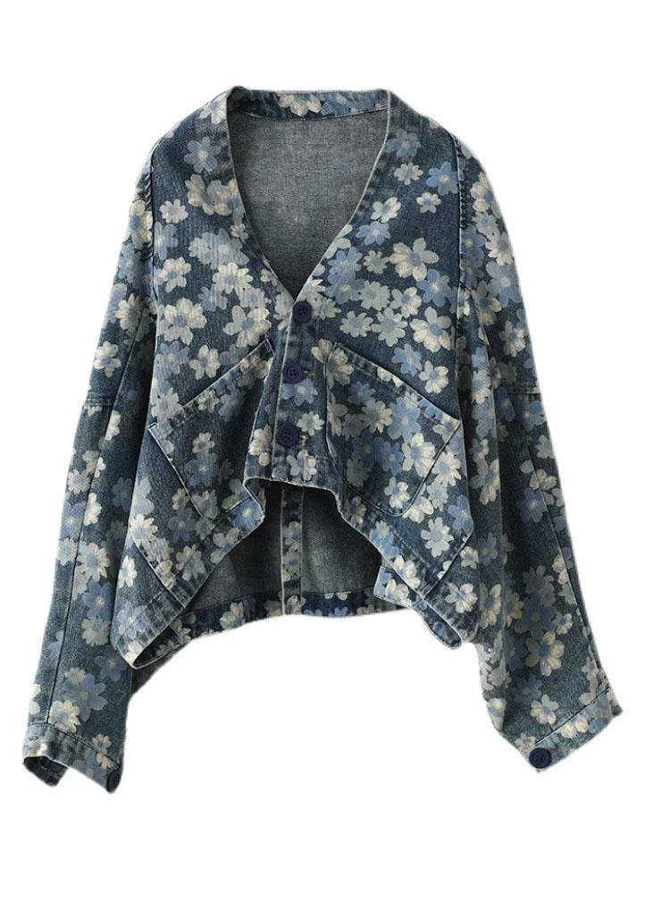 Handmade Black Floral Pockets Denim Long sleeve Short Coats - SooLinen