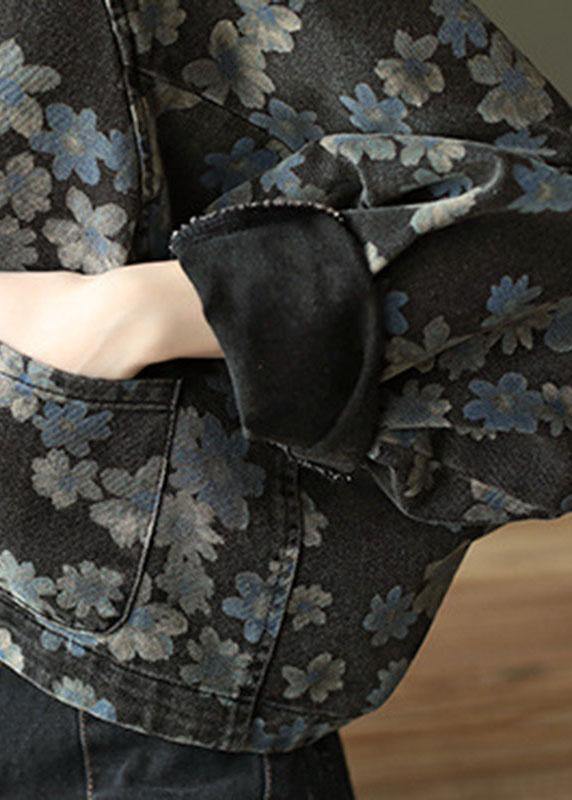 Handmade Black Floral Pockets Denim Long sleeve Short Coats - SooLinen