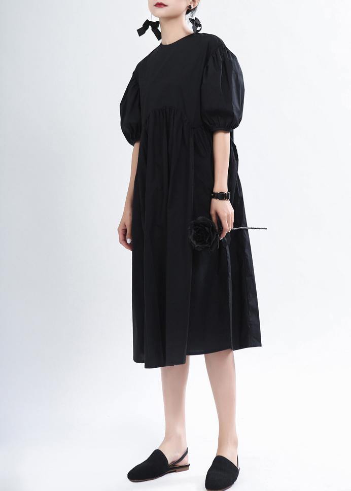 Handmade Black O-Neck Long Summer Cotton Dress - SooLinen