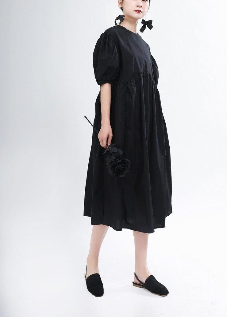 Handmade Black O-Neck Long Summer Cotton Dress - SooLinen