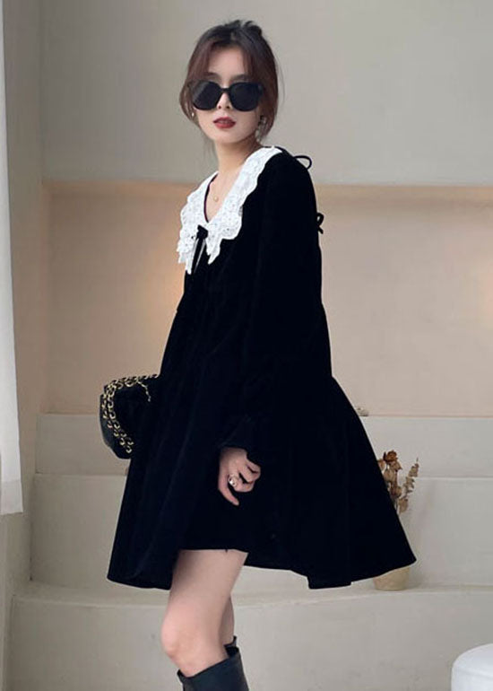 Handmade Black Patchwork Velour Vacation Dress Winter