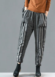 Handmade Black Striped Fine Cotton Filled Pants Winter