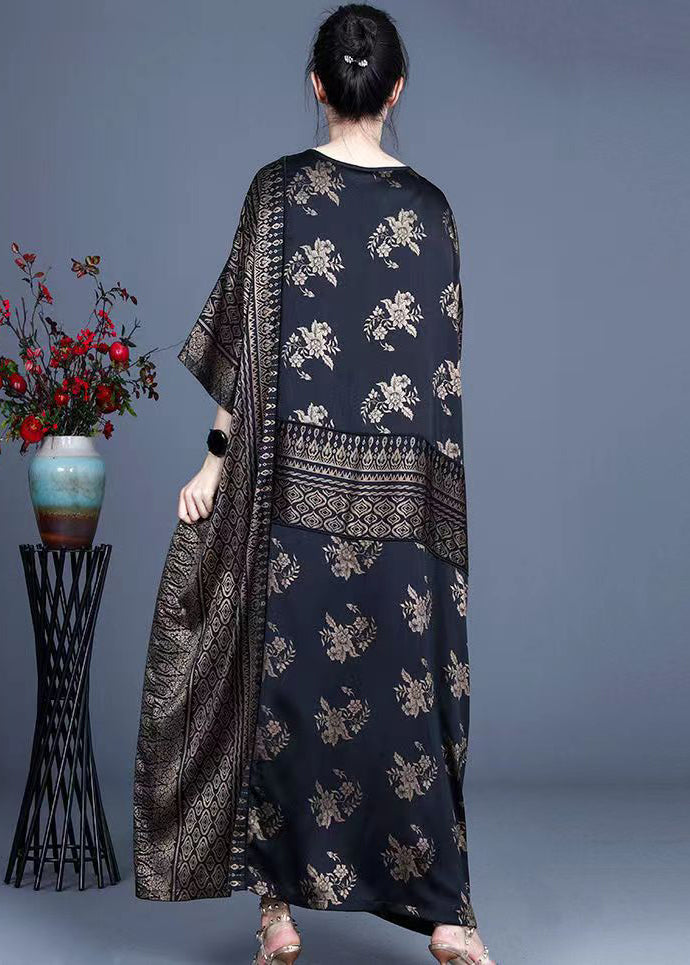 Handmade Black V Neck Patchwork Jacquard Silk Loose Dress Half Sleeve