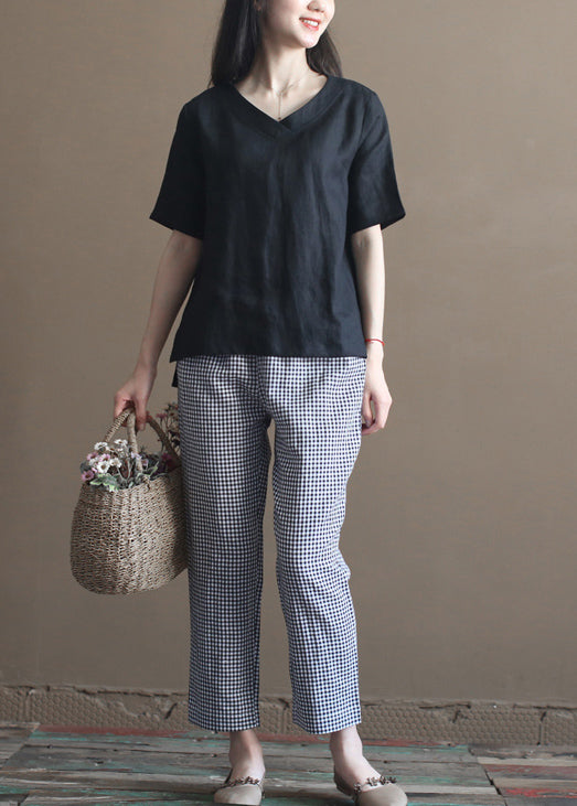 Handmade Black White Plaid Elastic Waist Pockets Linen Crop Pants Summer