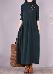 Handmade Blackish Green Embroidery Clothes High Neck Cinched Robes Spring Dresses - SooLinen