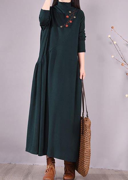 Handmade Blackish Green Embroidery Clothes High Neck Cinched Robes Spring Dresses - SooLinen