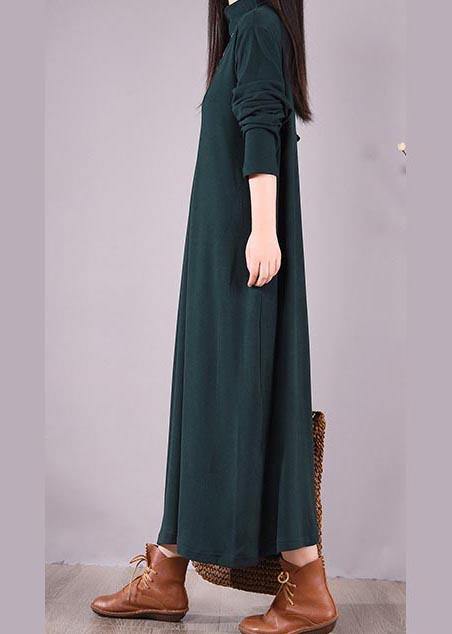 Handmade Blackish Green Embroidery Clothes High Neck Cinched Robes Spring Dresses - SooLinen