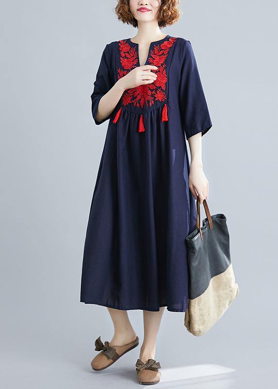 Handmade Blue Clothes Women V Neck Tassel  Spring Linen Dresses - SooLinen