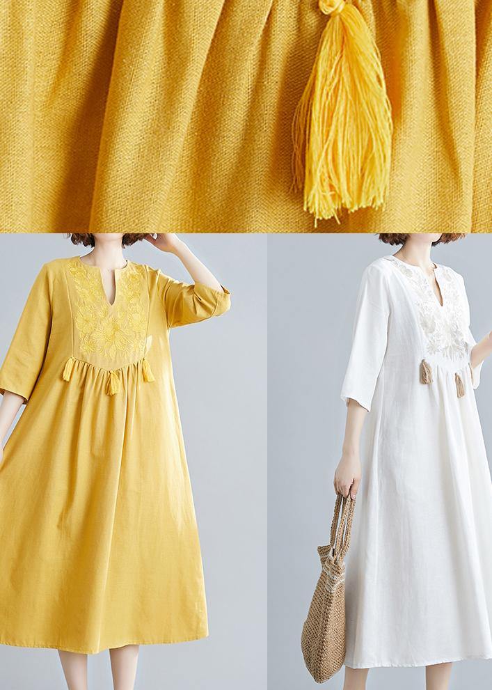 Handmade Blue Clothes Women V Neck Tassel  Spring Linen Dresses - SooLinen