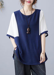 Handmade Blue Patchwork Batwing Sleeve Shirt Top Summer - SooLinen