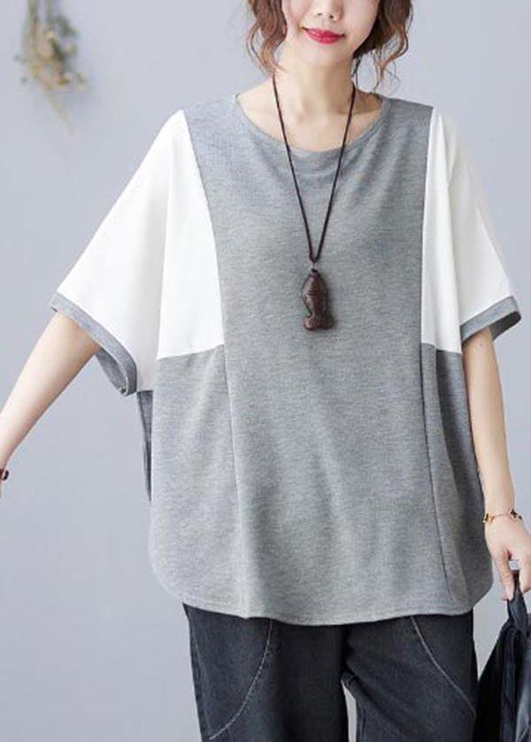 Handmade Blue Patchwork Batwing Sleeve Shirt Top Summer - SooLinen