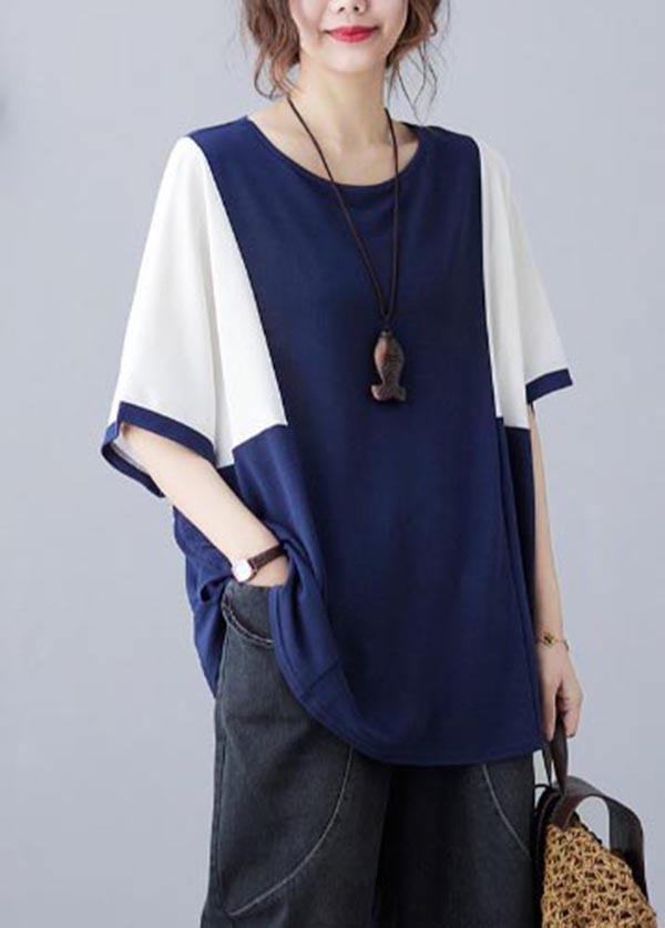 Handmade Blue Patchwork Batwing Sleeve Shirt Top Summer - SooLinen