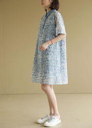 Handmade Blue Peter Pan Collar Embroideried Lace Shirt Dresses Short Sleeve