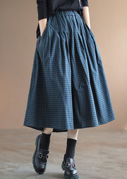 Handmade Blue Plaid Elastic Waist Pockets Fall Skirt