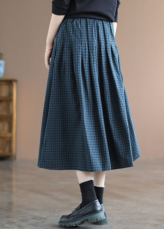 Handmade Blue Plaid Elastic Waist Pockets Fall Skirt