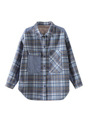 Handmade Blue Plaid Patchwork Fine Cotton Filled Woolen Shirt Tops Spring