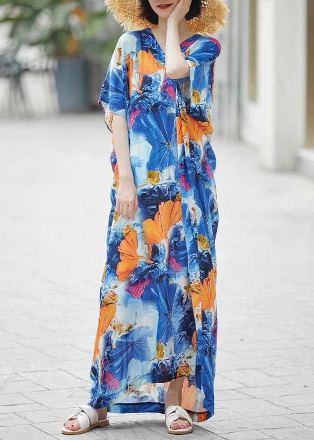 Handmade Blue Print Sundress Caftan Summer Dresses - SooLinen