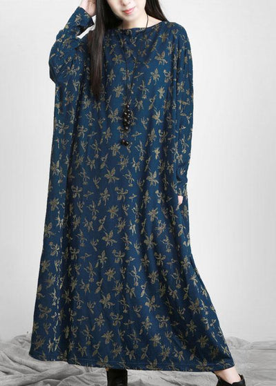 Handmade Blue Print Long Sleeve Fall Dress - SooLinen