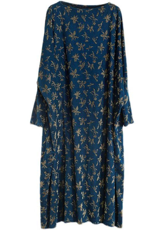 Handmade Blue Print Long Sleeve Fall Dress - SooLinen