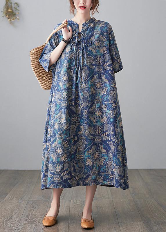 Handmade Blue Print Loose Maxi Summer Cotton Linen Dress - SooLinen