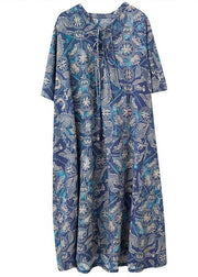 Handmade Blue Print Loose Maxi Summer Cotton Linen Dress - SooLinen