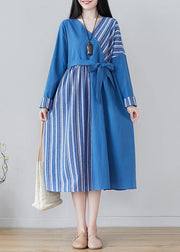 Handmade Blue Striped Tunics For Women V Neck Patchwork Traveling Spring Dresses - SooLinen