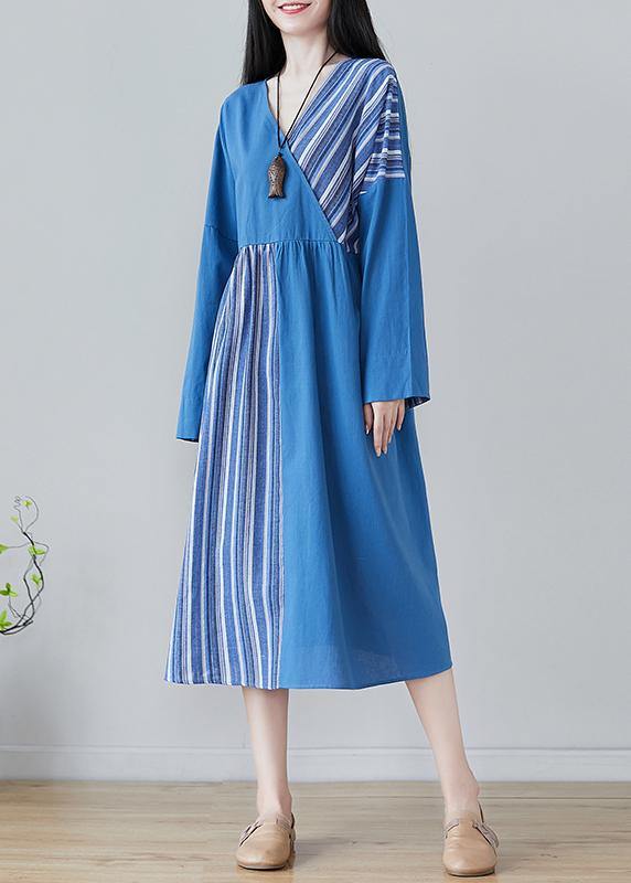 Handmade Blue Striped Tunics For Women V Neck Patchwork Traveling Spring Dresses - SooLinen